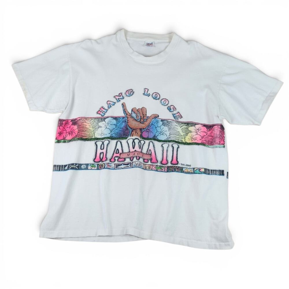 '90 Vtg Hang Loose Hawaii Shaka Tee 2X XL Wrapround Neon Print Tribal Maui Shirt